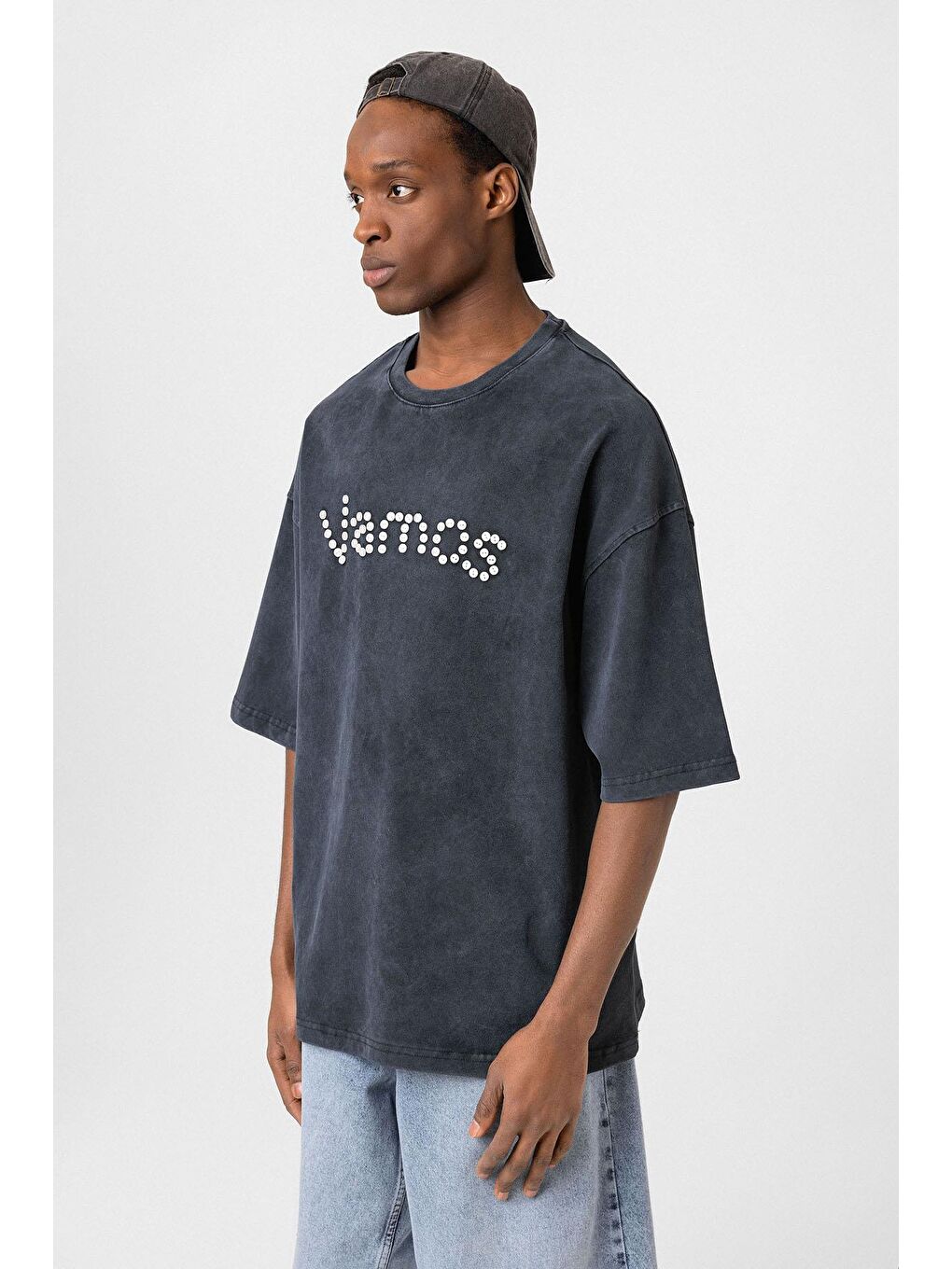 Yıkamalı Düğme Detaylı Oversize Tişört Siyah-3