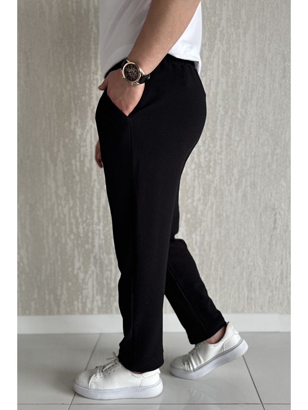 Siyah Erkek Kendinden Desenli Bel Bağlamalı Jogger Pantolon-1