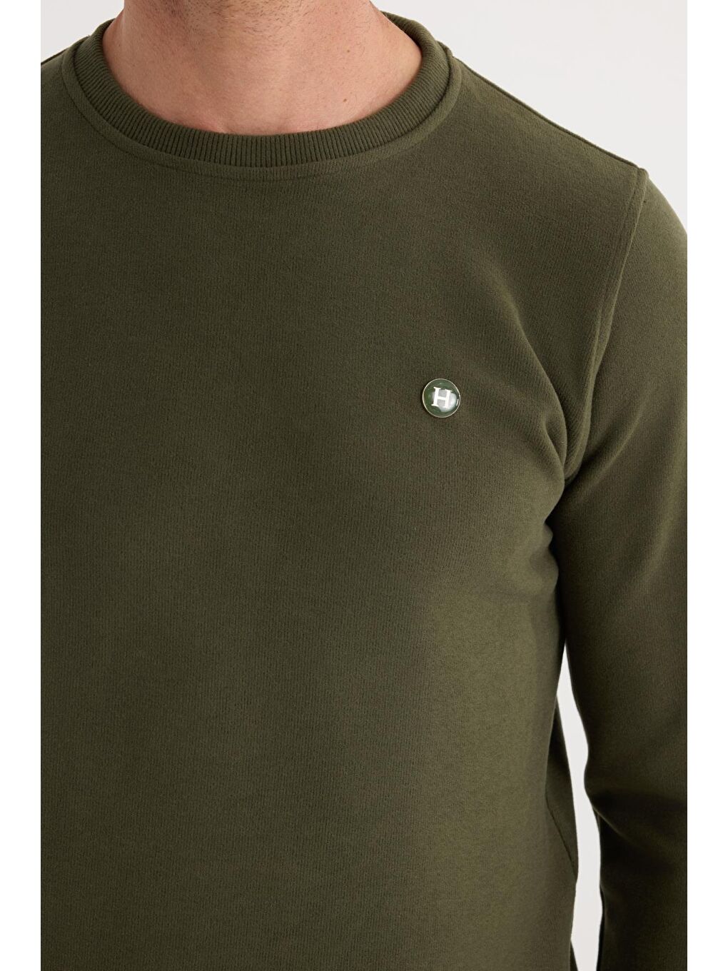 Erkek Slim Fit Dar Kesim Pamuklu Selanik Kumaş Bisiklet Yaka Haki Sweatshirt-2