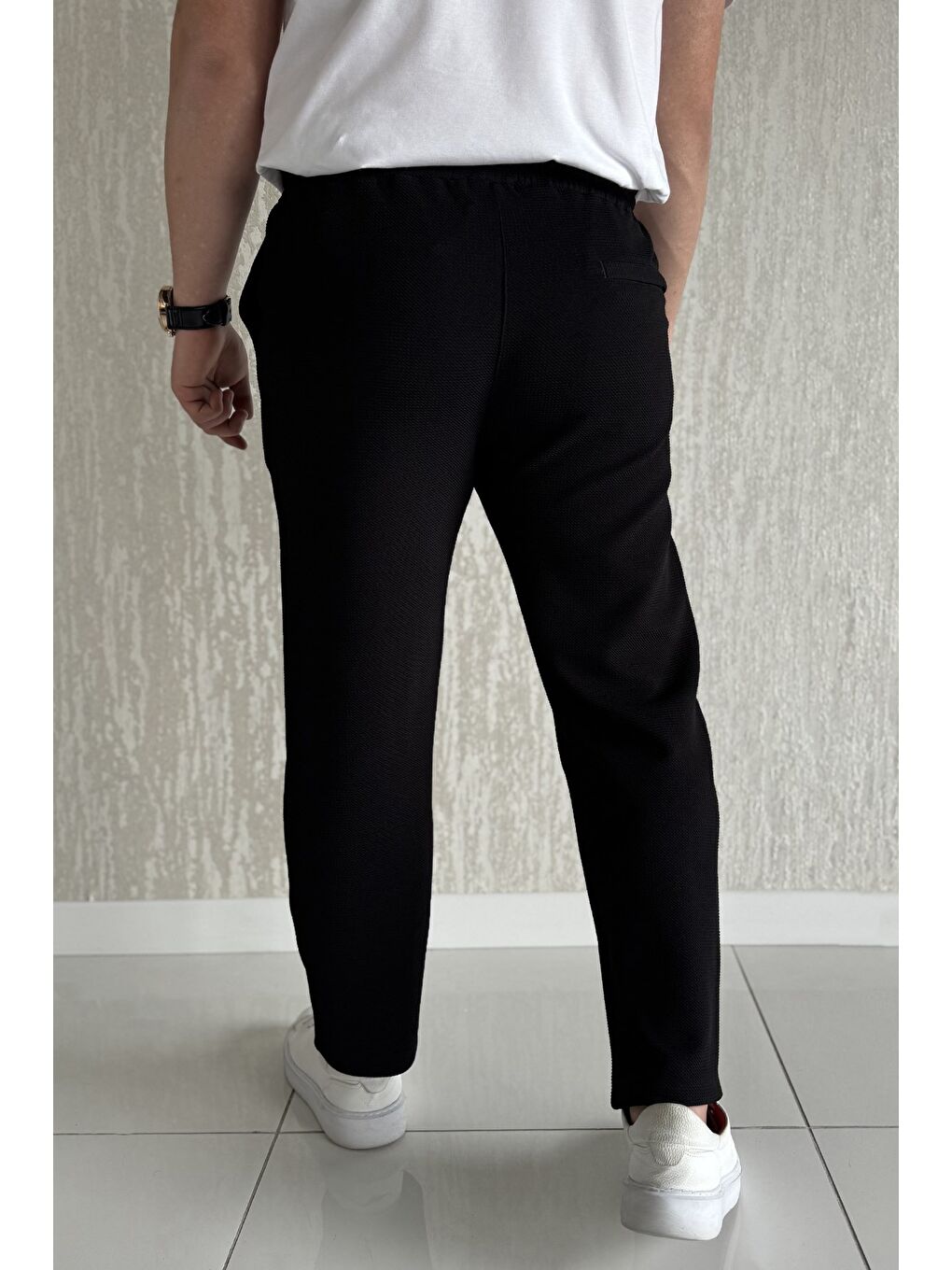 Siyah Erkek Kendinden Desenli Bel Bağlamalı Jogger Pantolon-2