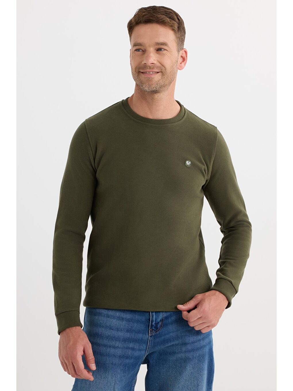 Erkek Slim Fit Dar Kesim Pamuklu Selanik Kumaş Bisiklet Yaka Haki Sweatshirt-3