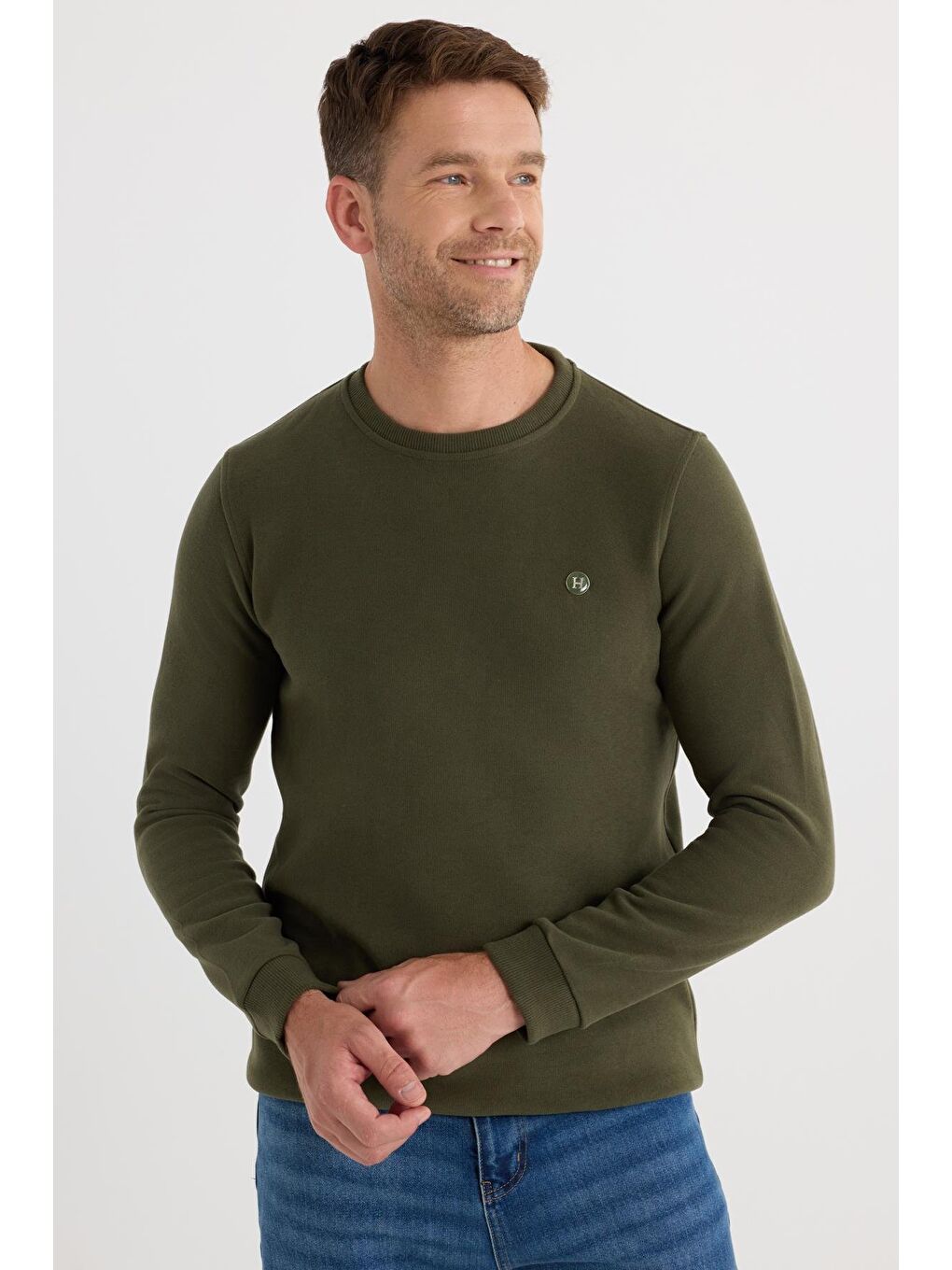 Erkek Slim Fit Dar Kesim Pamuklu Selanik Kumaş Bisiklet Yaka Haki Sweatshirt-4