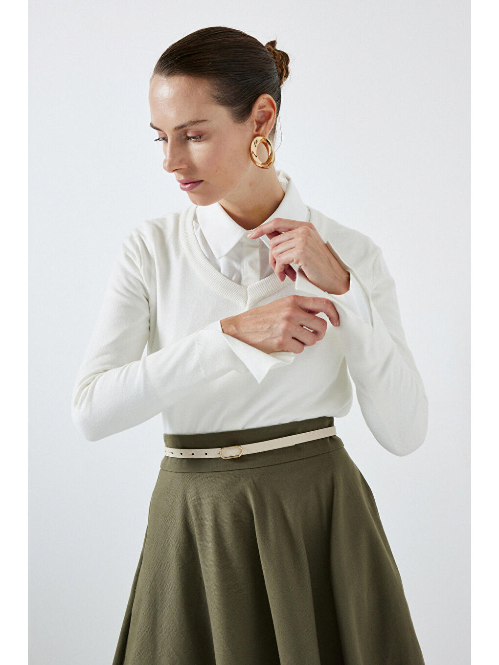 Ekru Yumuşak Dokulu Basıc Triko Bluz