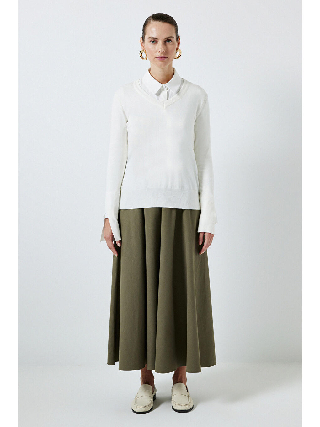 Ekru Yumuşak Dokulu Basıc Triko Bluz-2