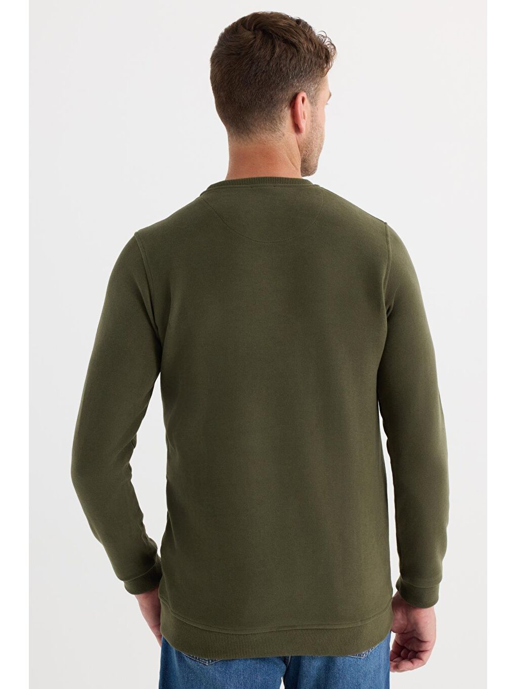 Erkek Slim Fit Dar Kesim Pamuklu Selanik Kumaş Bisiklet Yaka Haki Sweatshirt-6