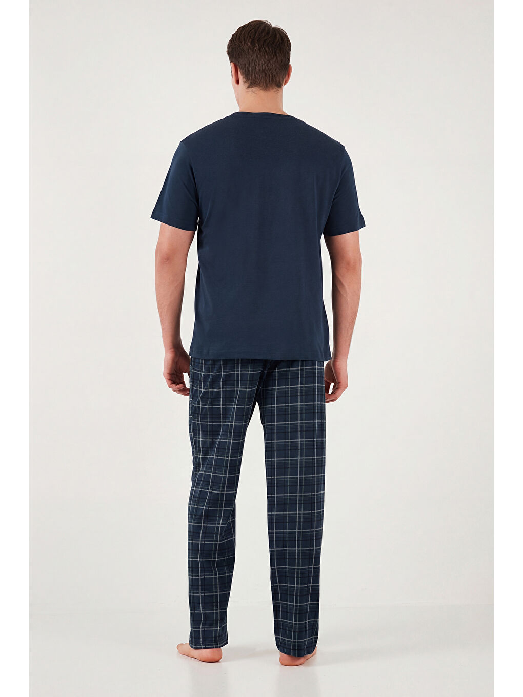 Lacivert Pamuklu Regular Fit Kareli Kısa Kollu Pijama Takımı 6096860-5