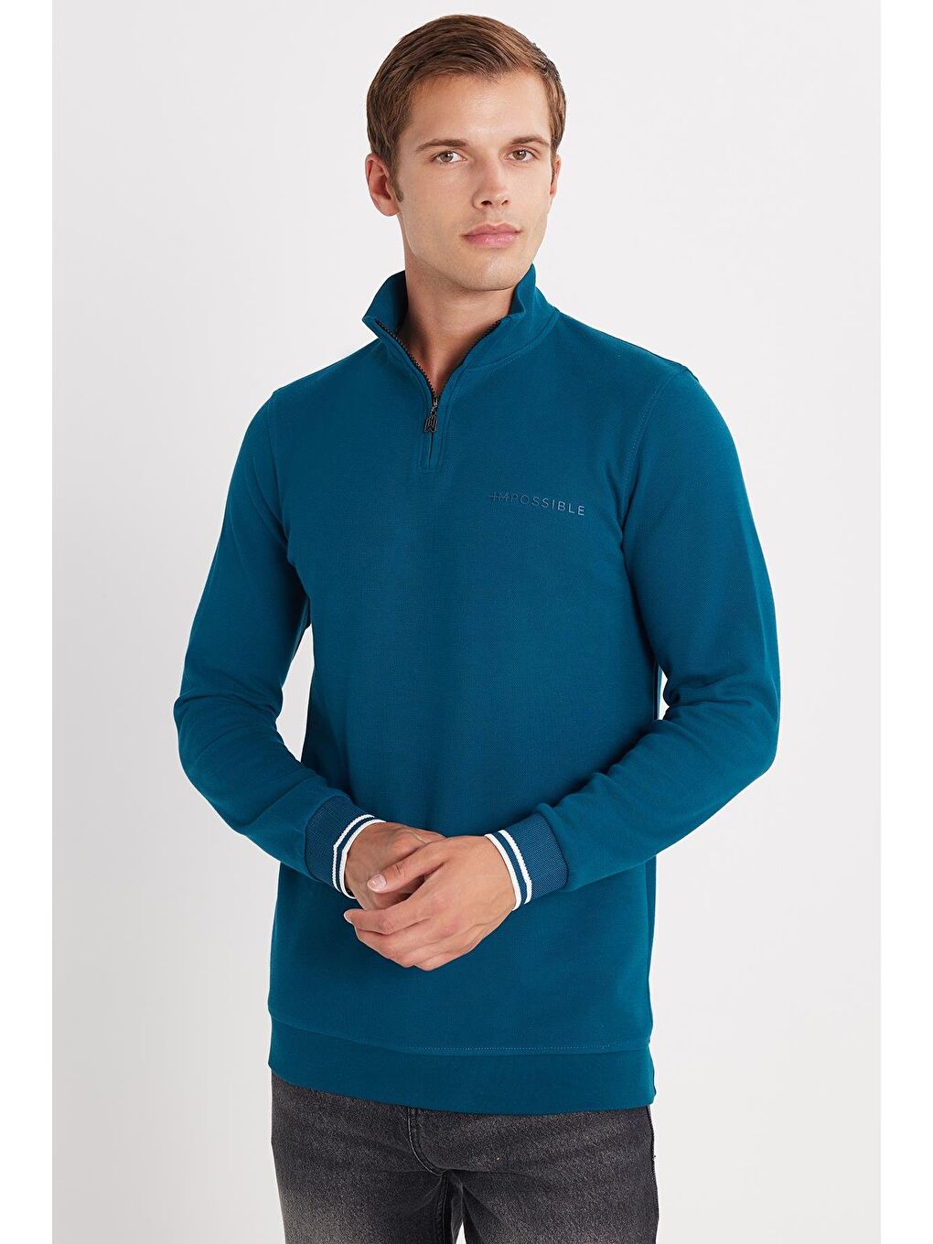 Erkek Slim Fit Dar Kesim Pamuklu Yarım Fermuarlı Dik Yaka Petrol Sweatshirt