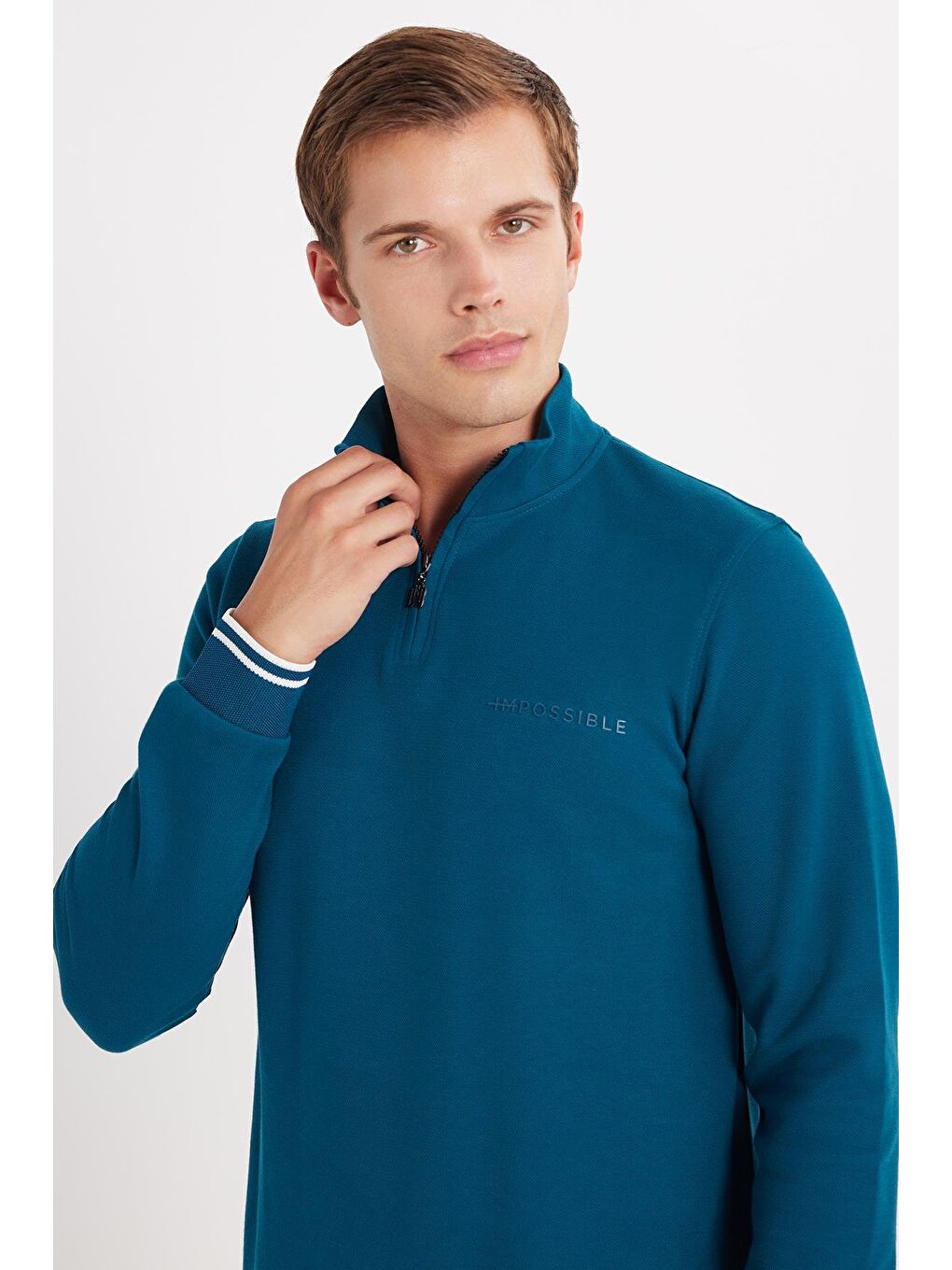 Erkek Slim Fit Dar Kesim Pamuklu Yarım Fermuarlı Dik Yaka Petrol Sweatshirt-1