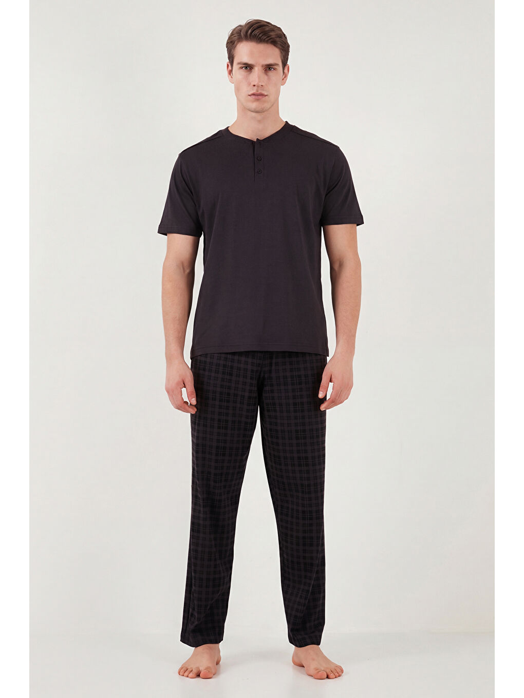 Mürdüm Pamuklu Regular Fit Kareli Kısa Kollu Pijama Takımı 6096860-1