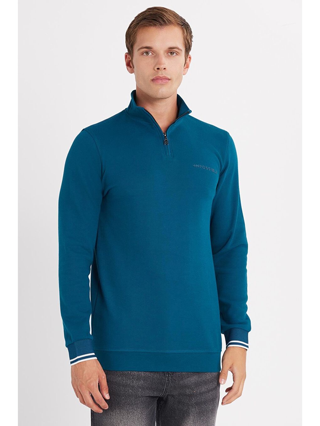 Erkek Slim Fit Dar Kesim Pamuklu Yarım Fermuarlı Dik Yaka Petrol Sweatshirt-3