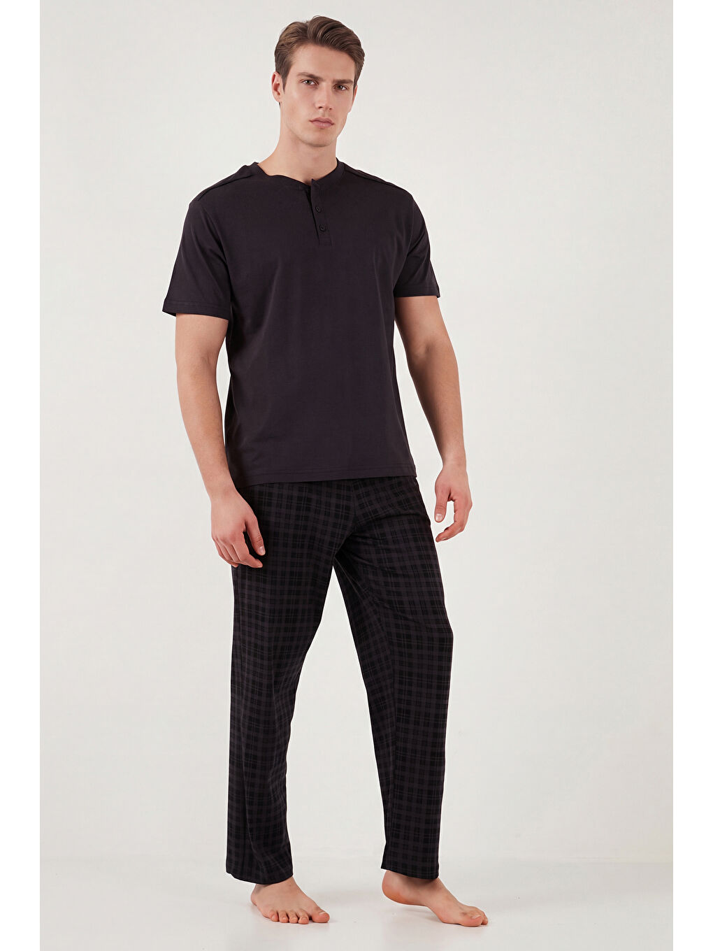 Mürdüm Pamuklu Regular Fit Kareli Kısa Kollu Pijama Takımı 6096860-2