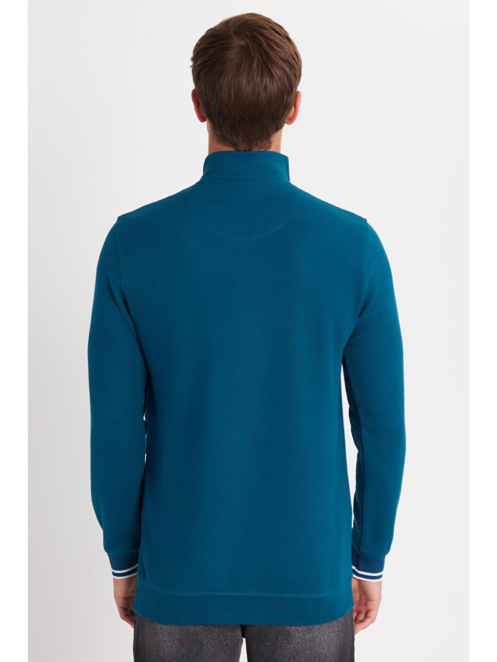 Erkek Slim Fit Dar Kesim Pamuklu Yarım Fermuarlı Dik Yaka Petrol Sweatshirt-4
