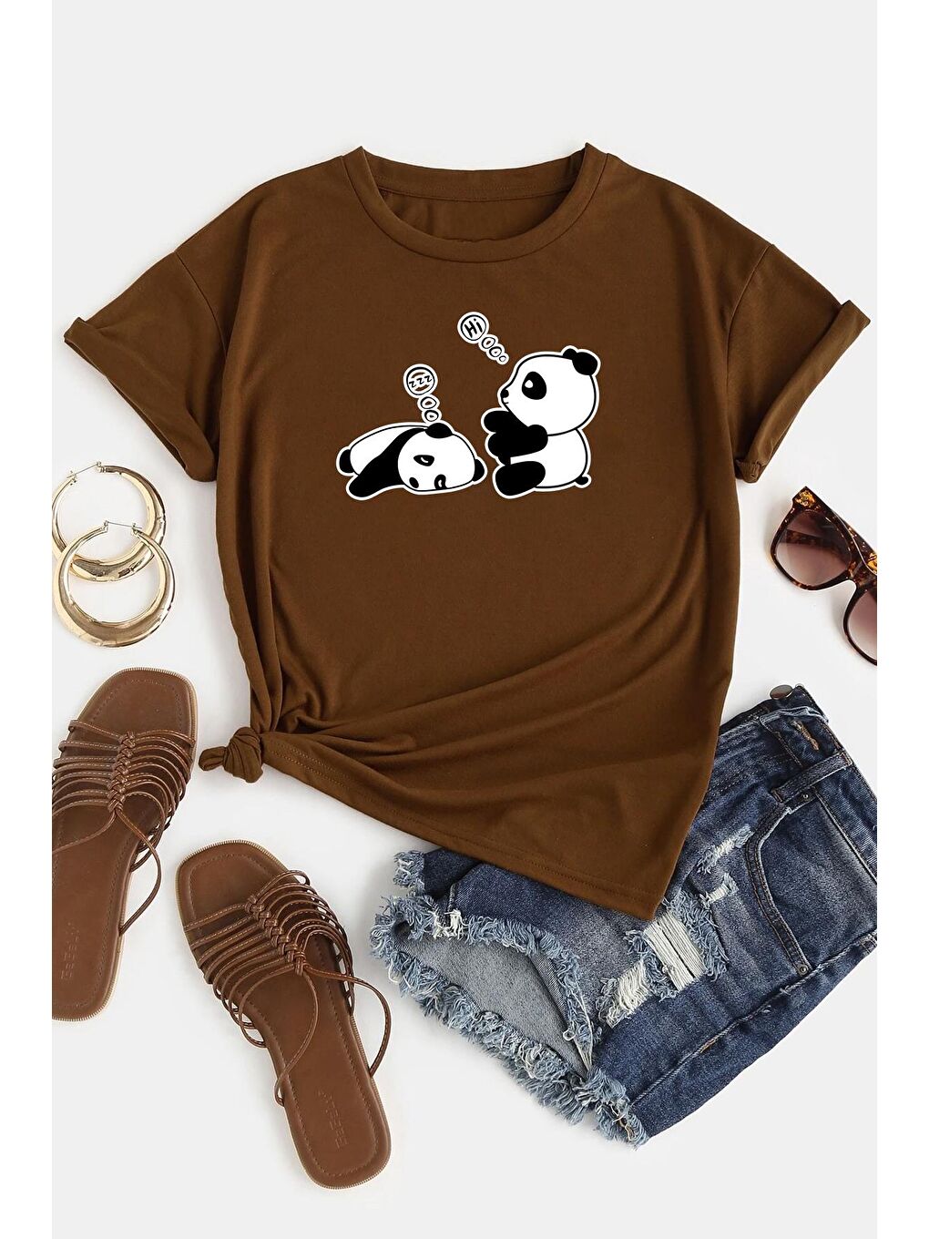 uyguntarz Kahverengi Uykucu Panda Baskılı Tasarım Tshirt