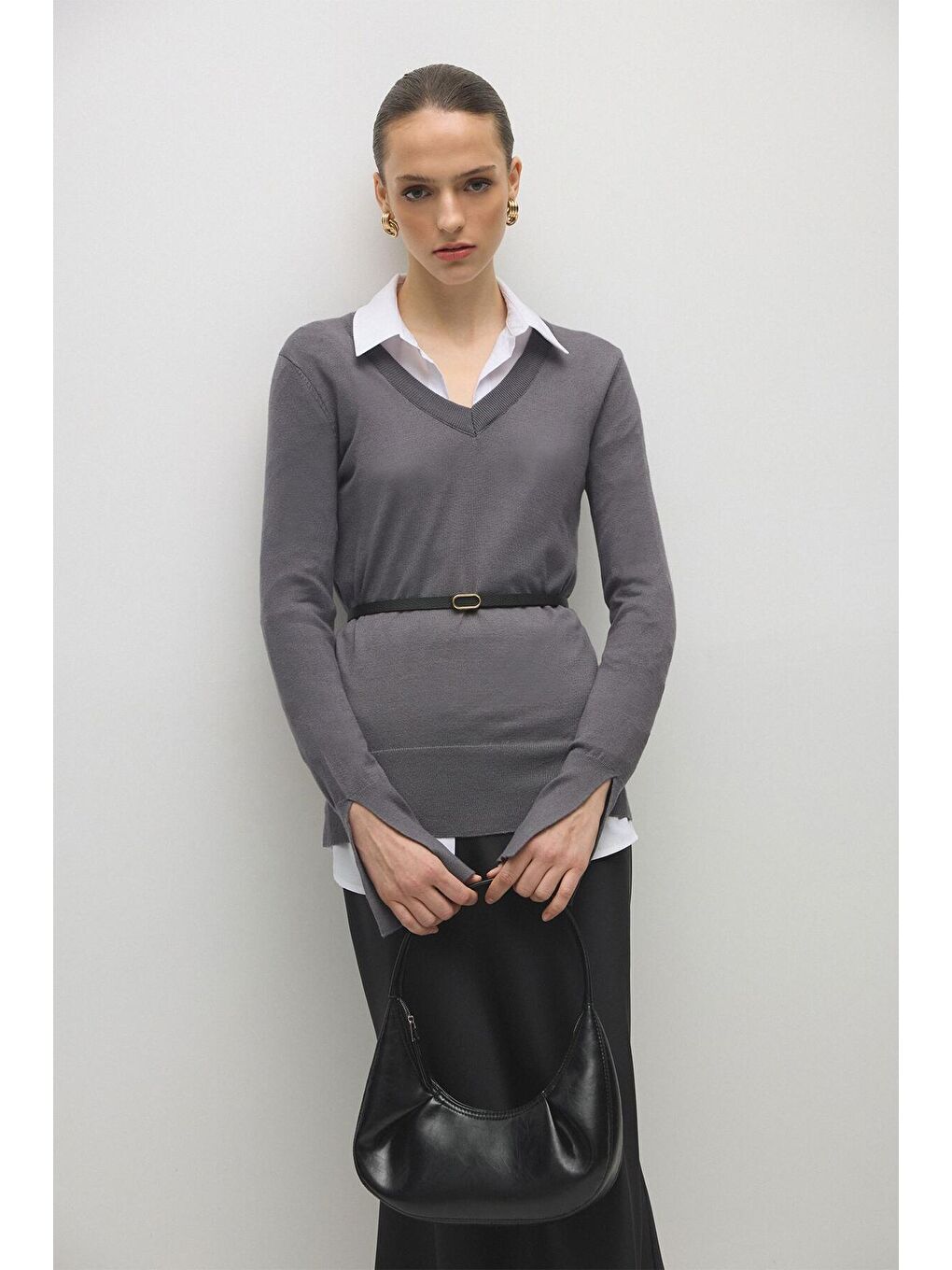 Antrasit Yumuşak Dokulu Basic Triko Bluz