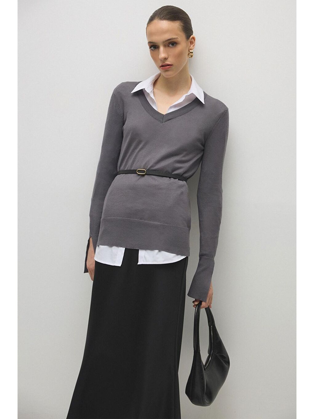Antrasit Yumuşak Dokulu Basic Triko Bluz-2