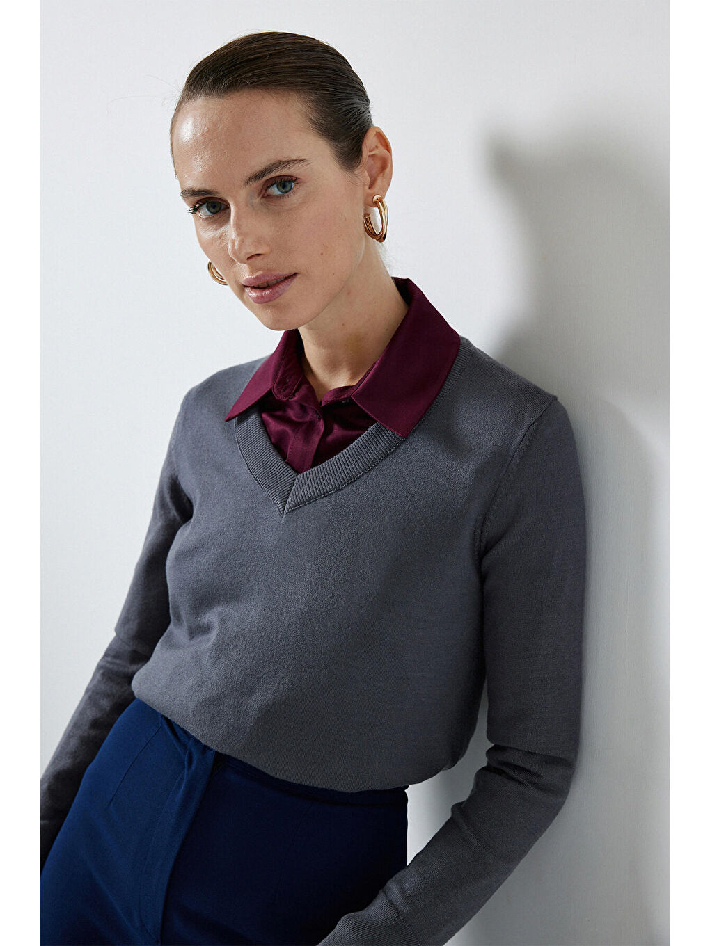 Antrasit Yumuşak Dokulu Basic Triko Bluz-3