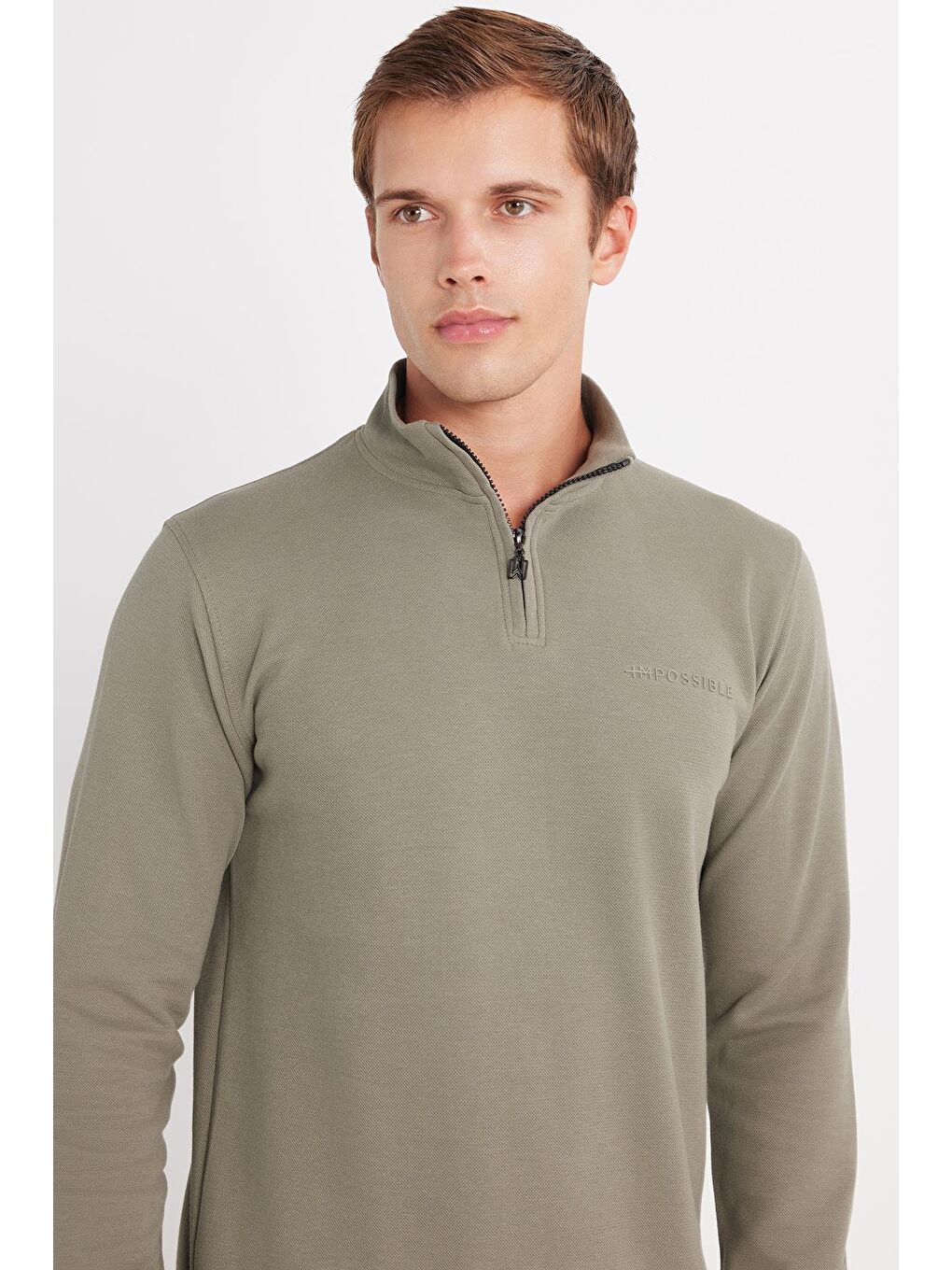 Erkek Slim Fit Dar Kesim Pamuklu Yarım Fermuarlı Dik Yaka Haki Sweatshirt-1