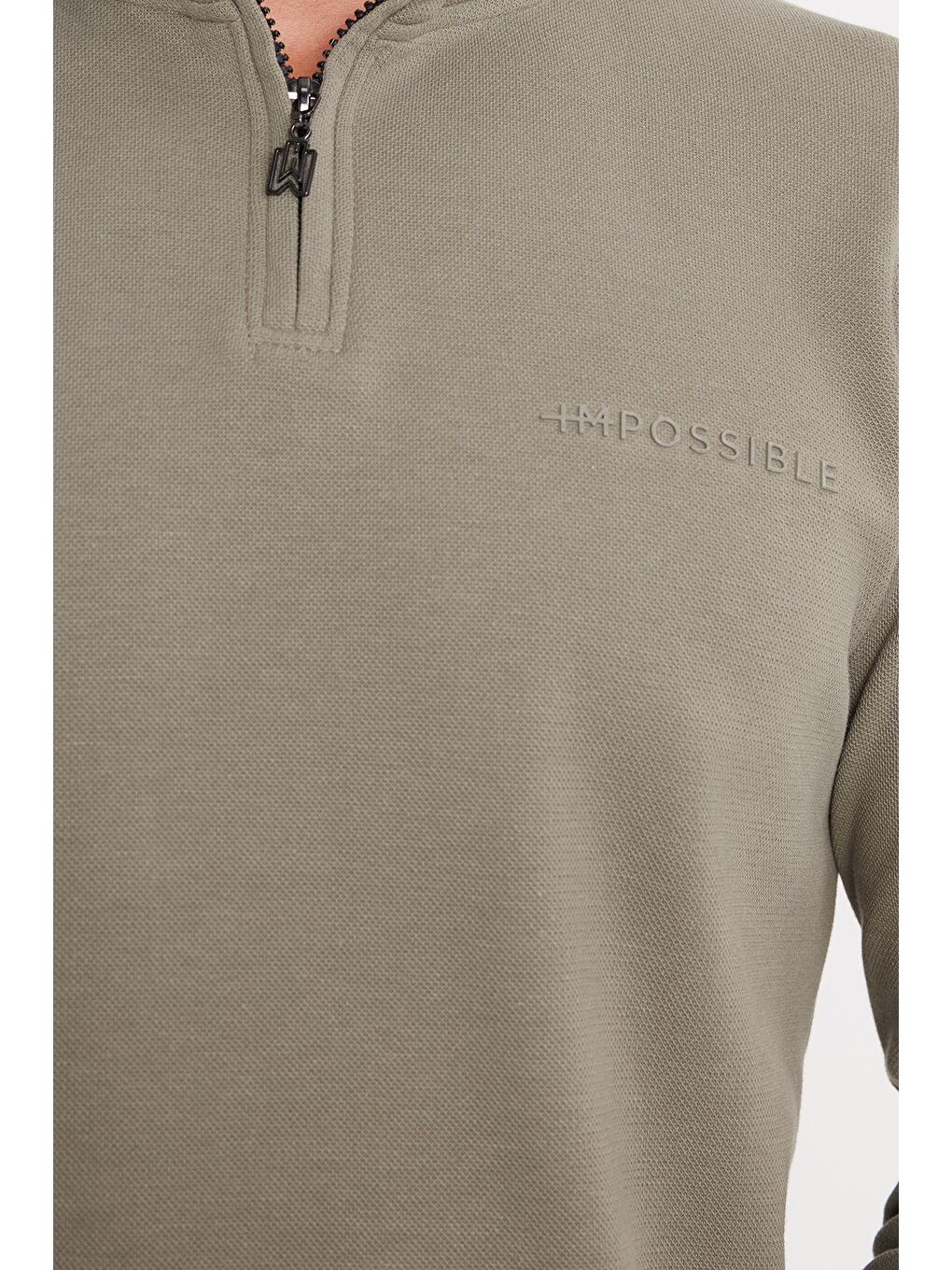 Erkek Slim Fit Dar Kesim Pamuklu Yarım Fermuarlı Dik Yaka Haki Sweatshirt-2