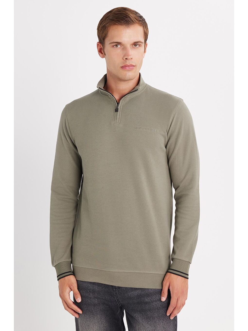 Erkek Slim Fit Dar Kesim Pamuklu Yarım Fermuarlı Dik Yaka Haki Sweatshirt-3