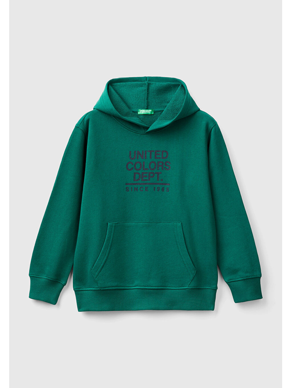 United Colors Of Benetton Koyu Yeşil Erkek Çocuk Çam Yeşili Önü Logo Baskılı Ribanalı Kapüşonlu Sweatshirt