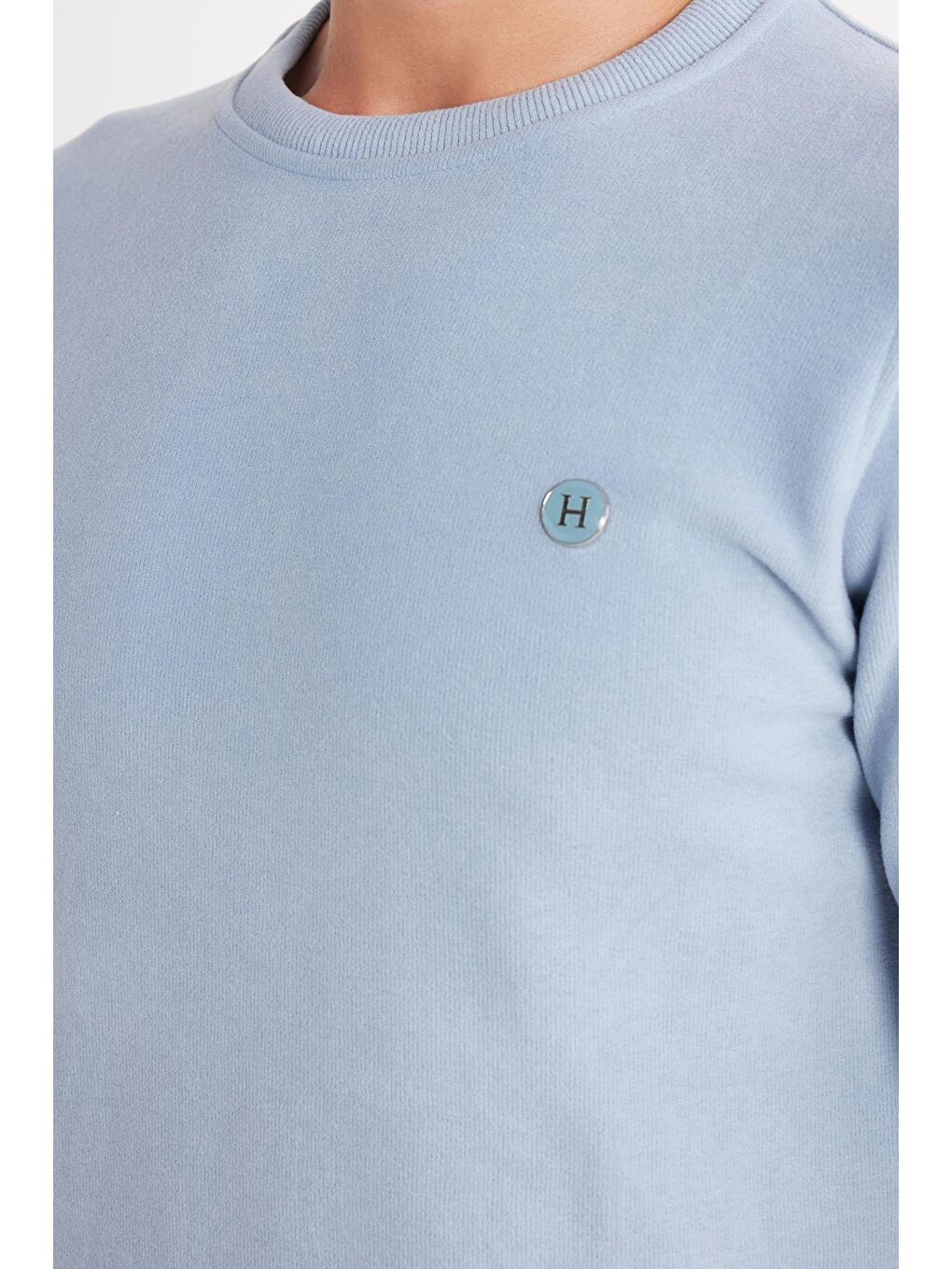 Erkek Slim Fit Dar Kesim Pamuklu Selanik Kumaş Bisiklet Yaka Mavi Sweatshirt-2