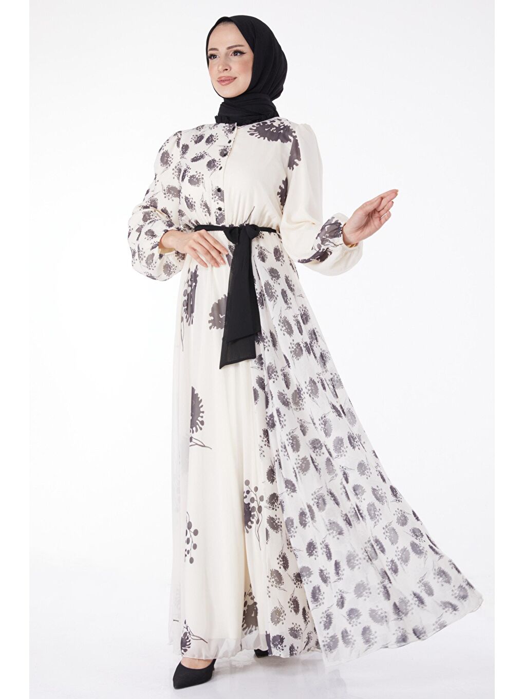 Düz Bisiklet Yaka Kadın Siyah Kuşaklı Abiye Elbise - 25204