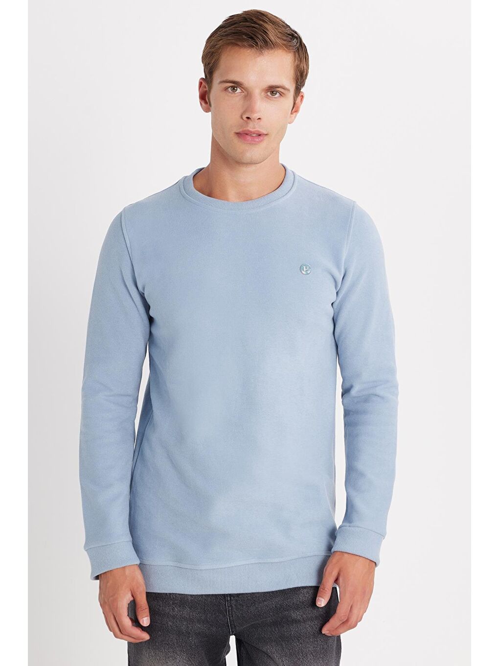 Erkek Slim Fit Dar Kesim Pamuklu Selanik Kumaş Bisiklet Yaka Mavi Sweatshirt-3