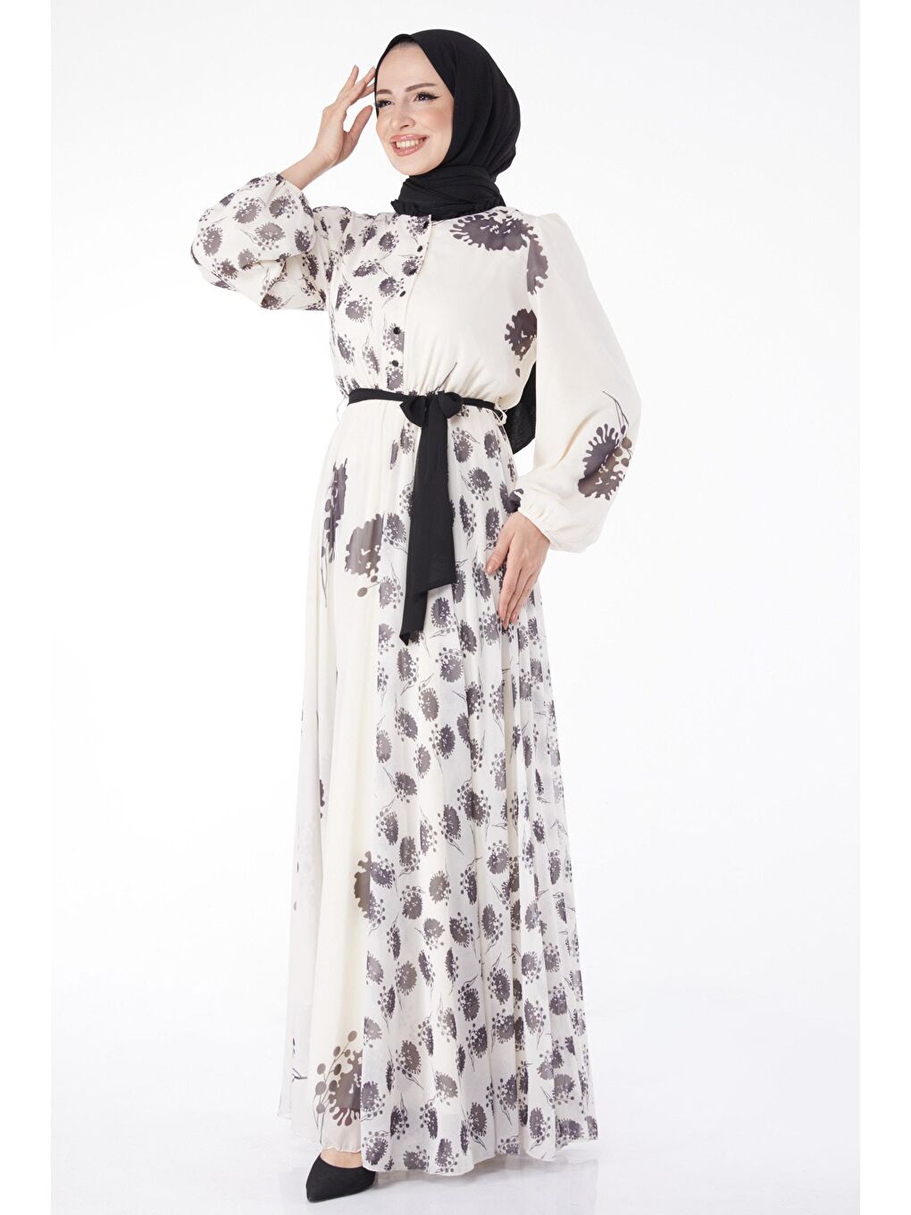 Düz Bisiklet Yaka Kadın Siyah Kuşaklı Abiye Elbise - 25204-1