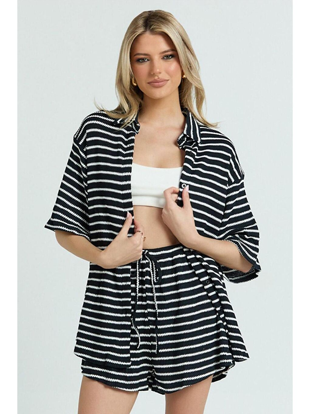 Siyah Kadın Şort Gömlek Takım Mg2328-1