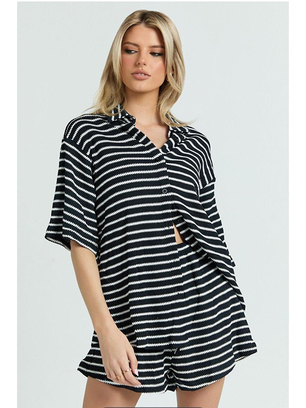 Siyah Kadın Şort Gömlek Takım Mg2328-2