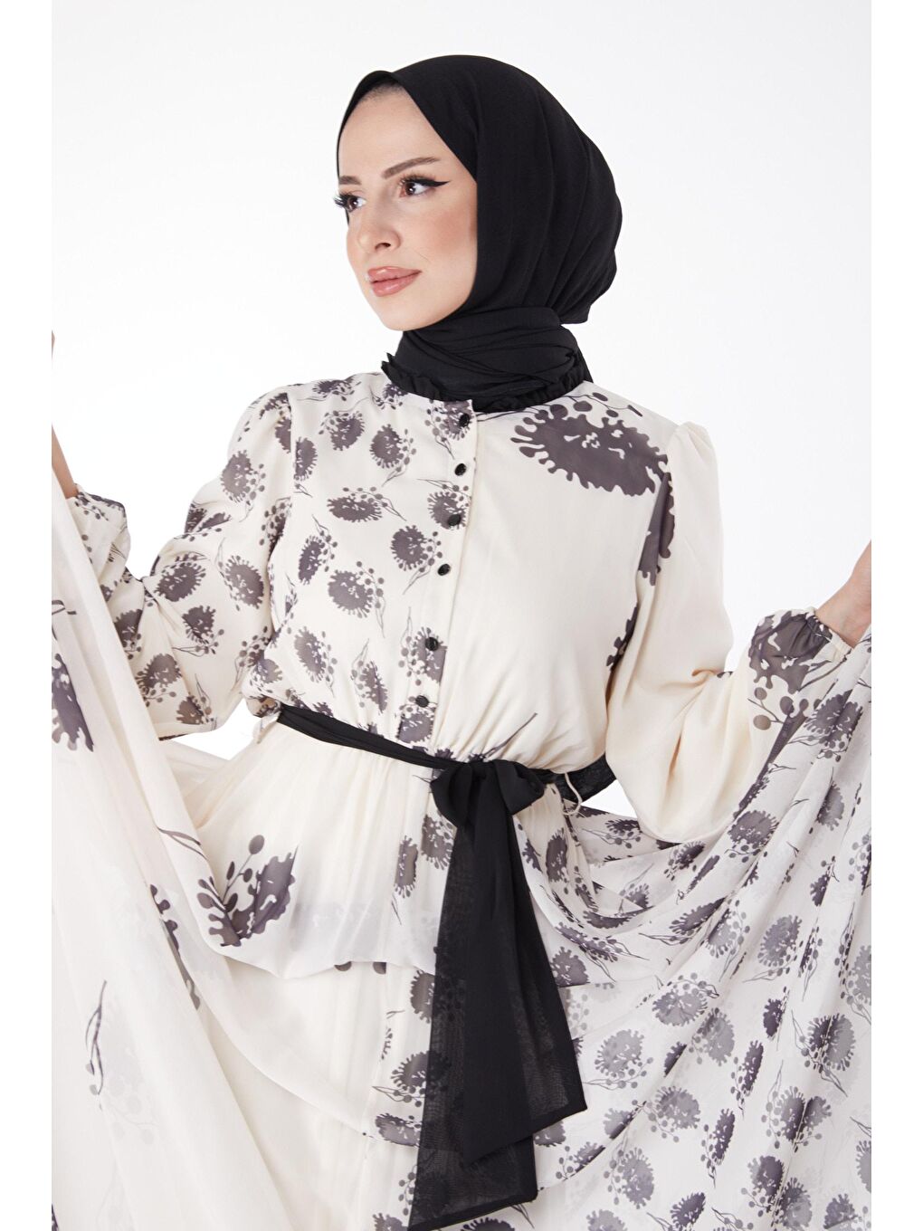 Düz Bisiklet Yaka Kadın Siyah Kuşaklı Abiye Elbise - 25204-2