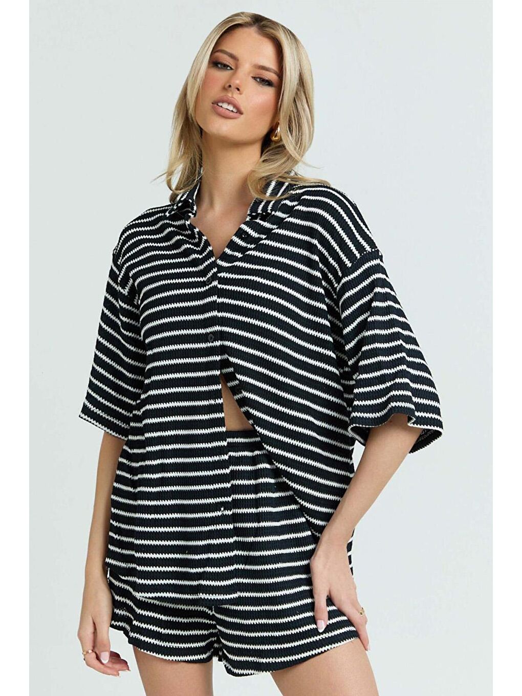 Siyah Kadın Şort Gömlek Takım Mg2328-3