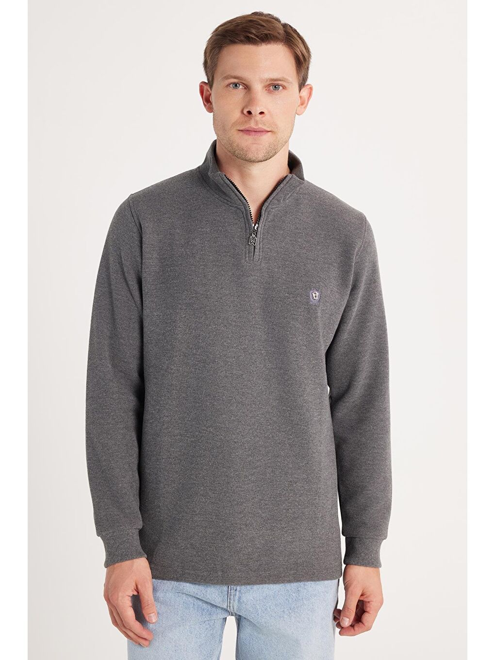 Erkek Slim Fit Dar Kesim Pamuklu Selanik Kumaş Yarım Fermuarlı Antrasit Dik Yaka Sweatshirt