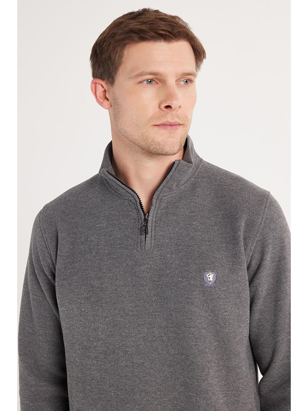 Erkek Slim Fit Dar Kesim Pamuklu Selanik Kumaş Yarım Fermuarlı Antrasit Dik Yaka Sweatshirt-1