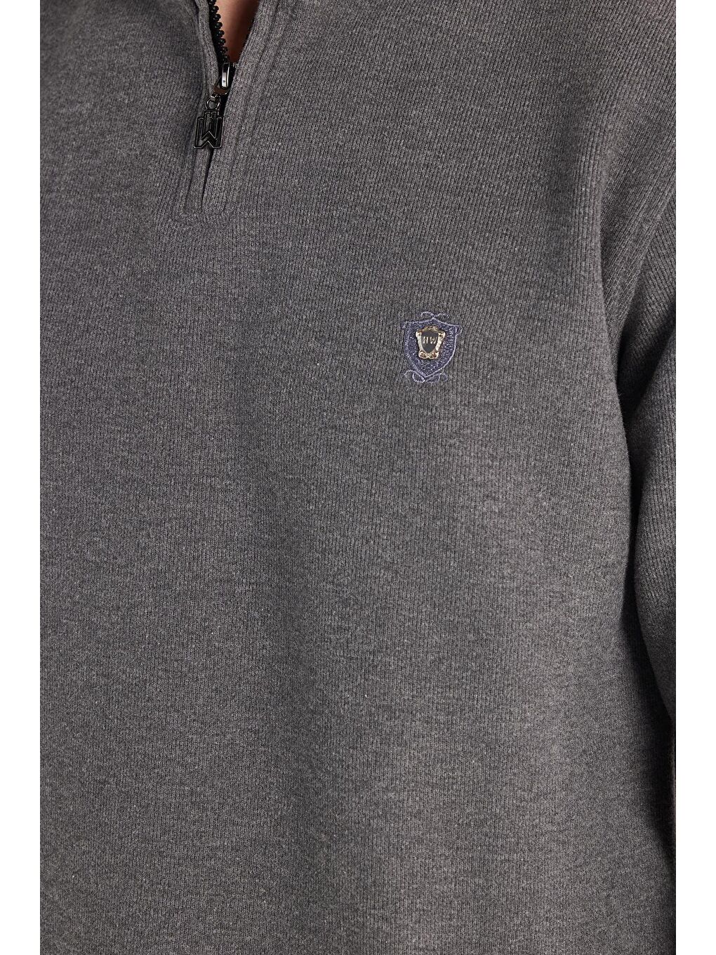 Erkek Slim Fit Dar Kesim Pamuklu Selanik Kumaş Yarım Fermuarlı Antrasit Dik Yaka Sweatshirt-2