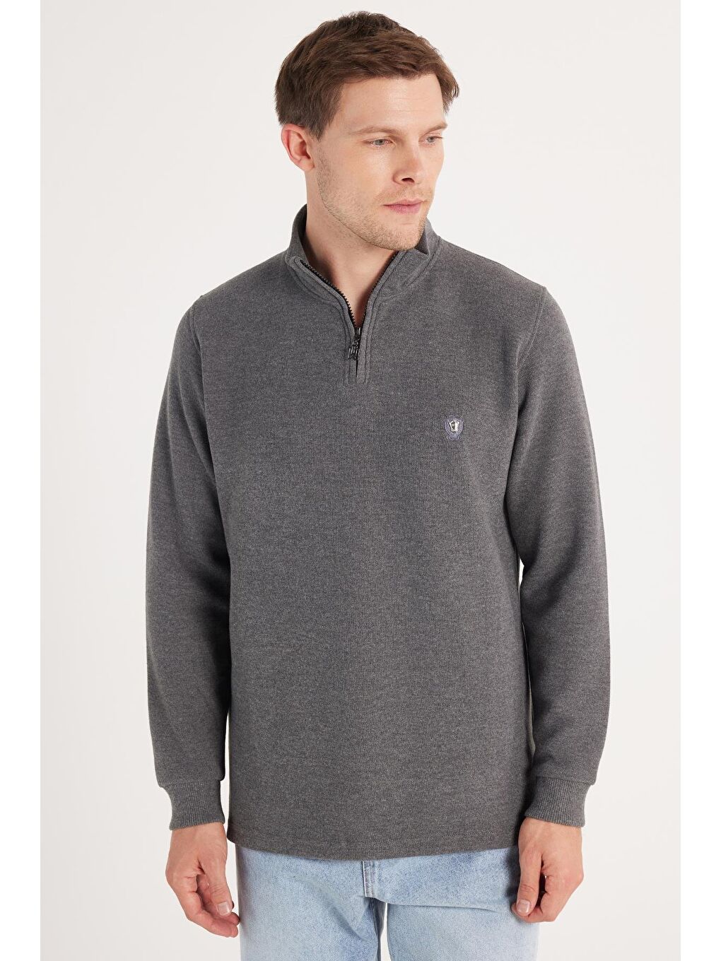 Erkek Slim Fit Dar Kesim Pamuklu Selanik Kumaş Yarım Fermuarlı Antrasit Dik Yaka Sweatshirt-3
