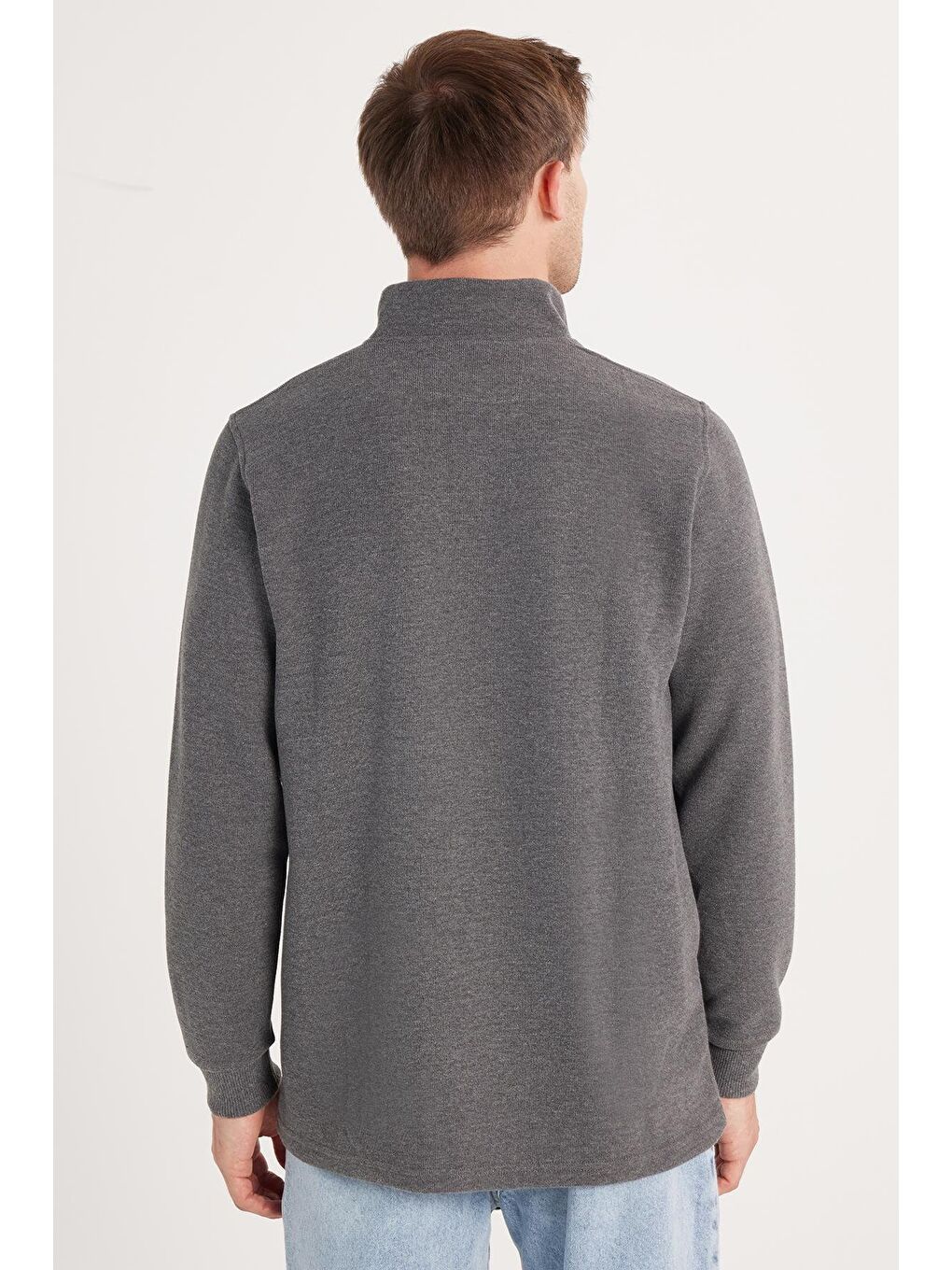 Erkek Slim Fit Dar Kesim Pamuklu Selanik Kumaş Yarım Fermuarlı Antrasit Dik Yaka Sweatshirt-4
