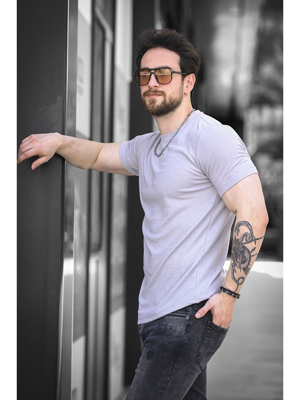 Gri Bld 737 Jakar Kumaş Eteği Oval Bisiklet Yaka Comfort Erkek Tişört