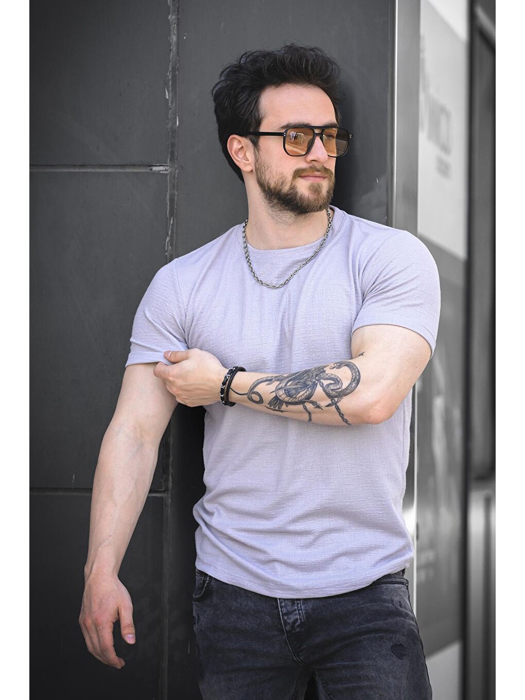 Gri Bld 737 Jakar Kumaş Eteği Oval Bisiklet Yaka Comfort Erkek Tişört-1