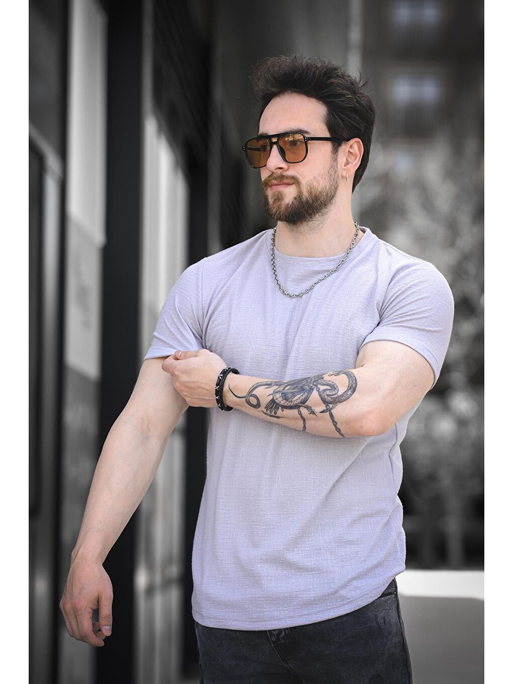 Gri Bld 737 Jakar Kumaş Eteği Oval Bisiklet Yaka Comfort Erkek Tişört-2