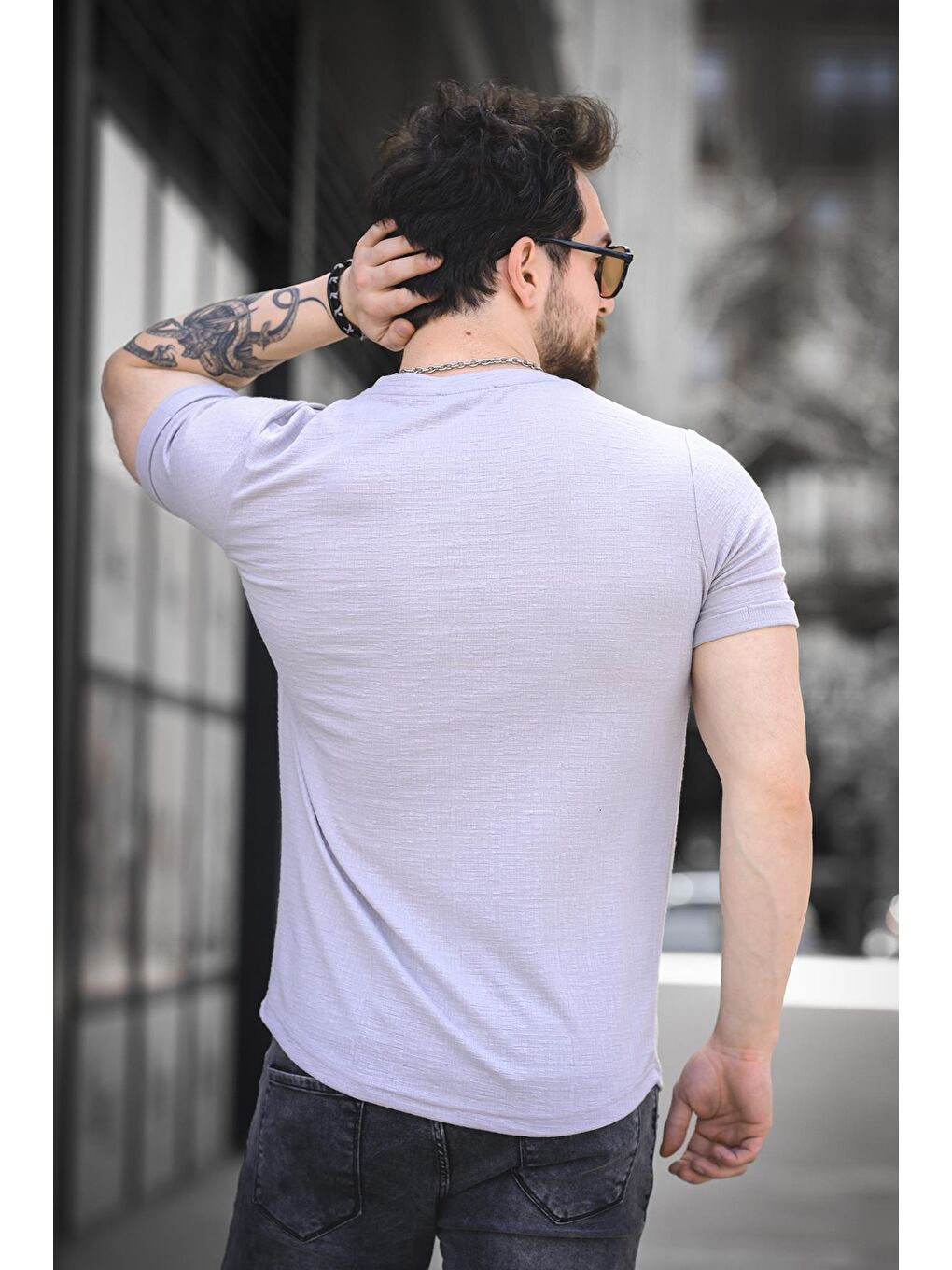 Gri Bld 737 Jakar Kumaş Eteği Oval Bisiklet Yaka Comfort Erkek Tişört-3