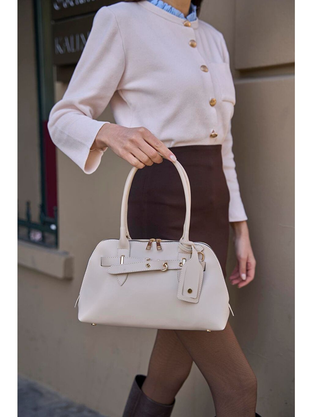 Gold Aksesuarlı Retro Çanta El Ve Omuz Çantası Bej