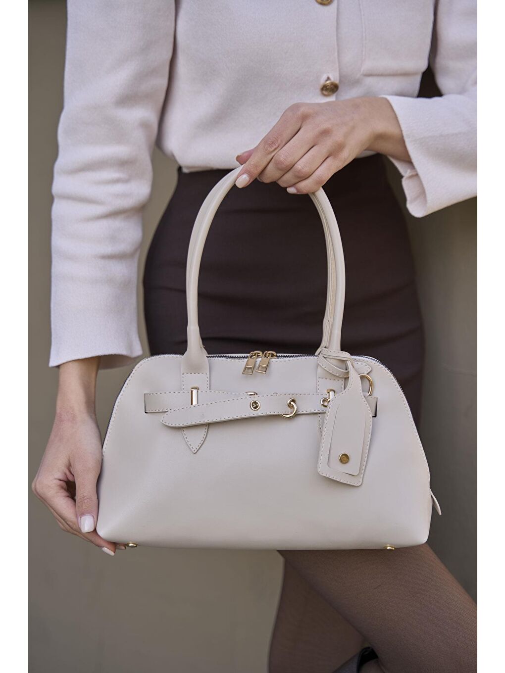 Gold Aksesuarlı Retro Çanta El Ve Omuz Çantası Bej-1