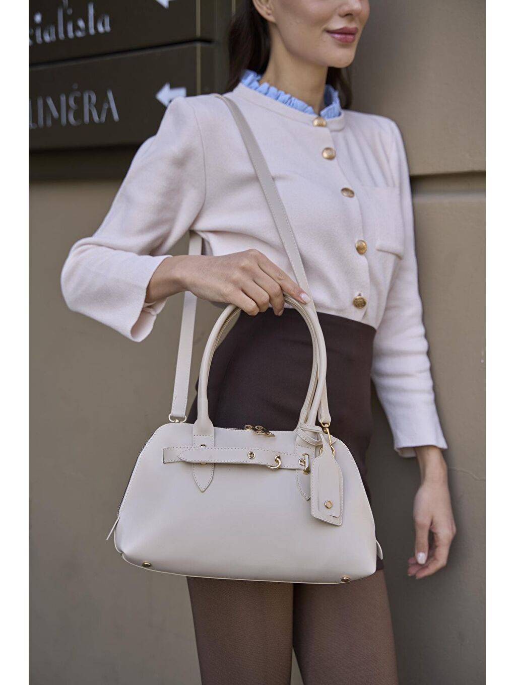 Gold Aksesuarlı Retro Çanta El Ve Omuz Çantası Bej-2