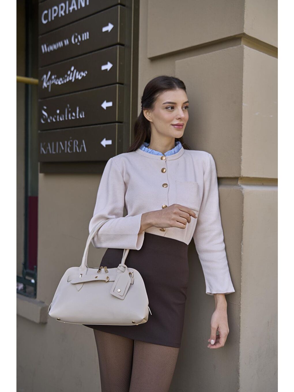 Gold Aksesuarlı Retro Çanta El Ve Omuz Çantası Bej-3