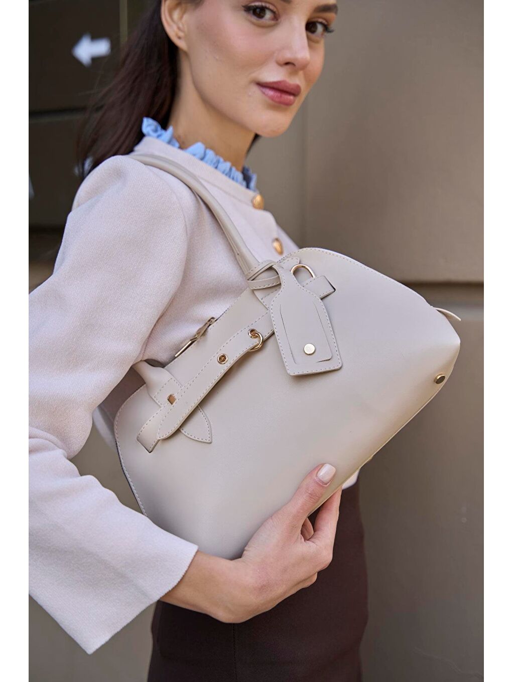 Gold Aksesuarlı Retro Çanta El Ve Omuz Çantası Bej-4