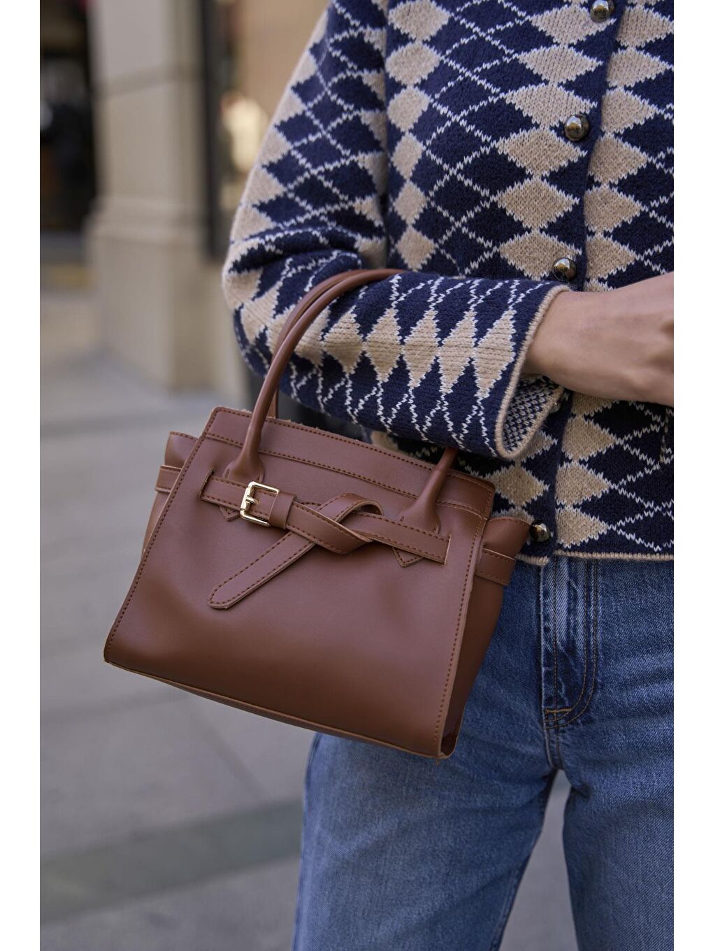 Kahverengi Mini Kemer Detaylı El Ve Omuz Çantası Taba-1