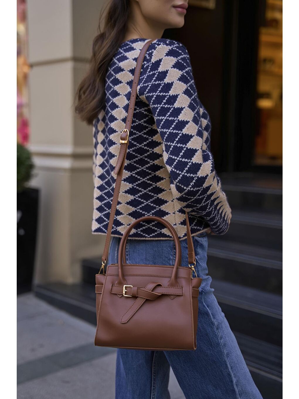 Kahverengi Mini Kemer Detaylı El Ve Omuz Çantası Taba-3