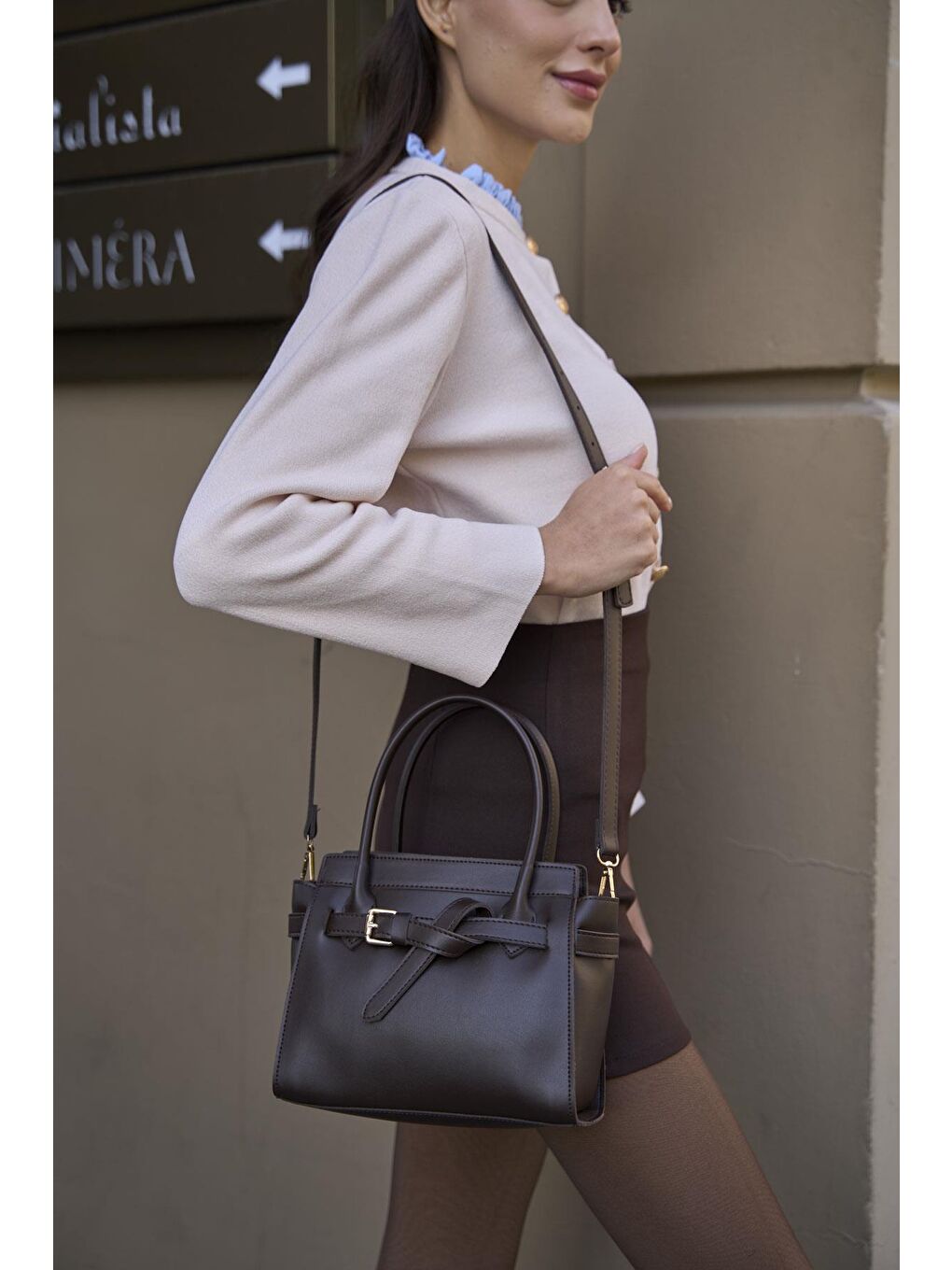 Mini Kemer Detaylı El Ve Omuz Çantası Kahverengi-2