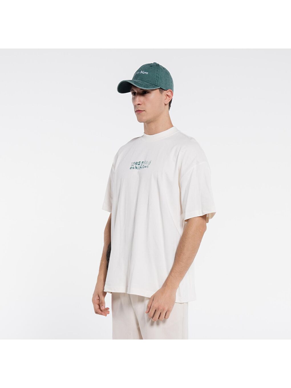 Beyaz Erkek Ekru %100 Pamuk Bisiklet Yaka Ekstra Oversize Tişört-1